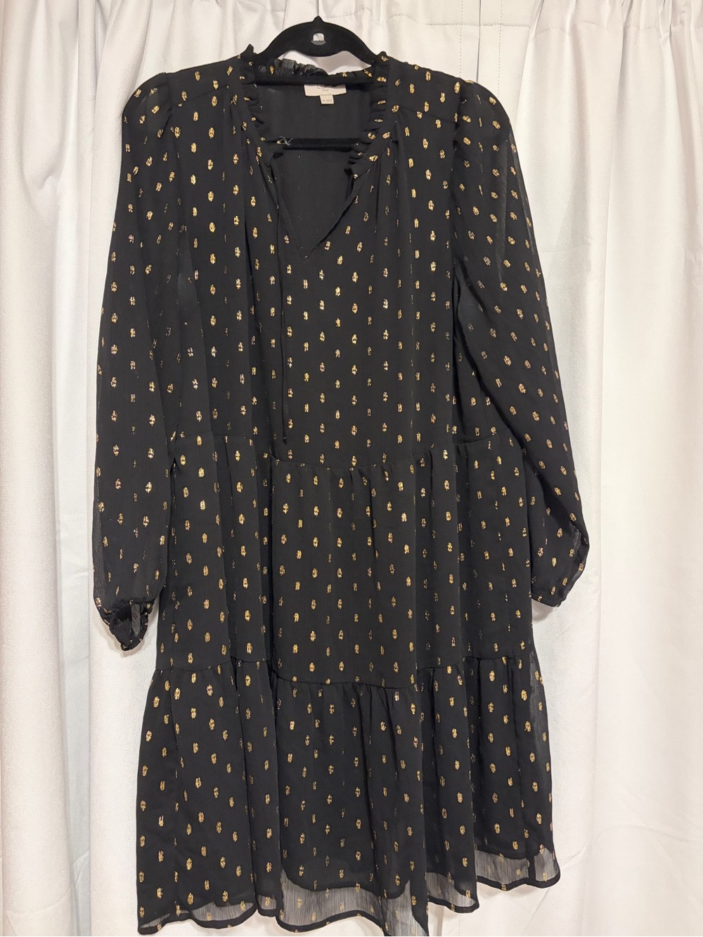 LOFT Black Long Sleeve Tiered Dress with Gold Dot Motif